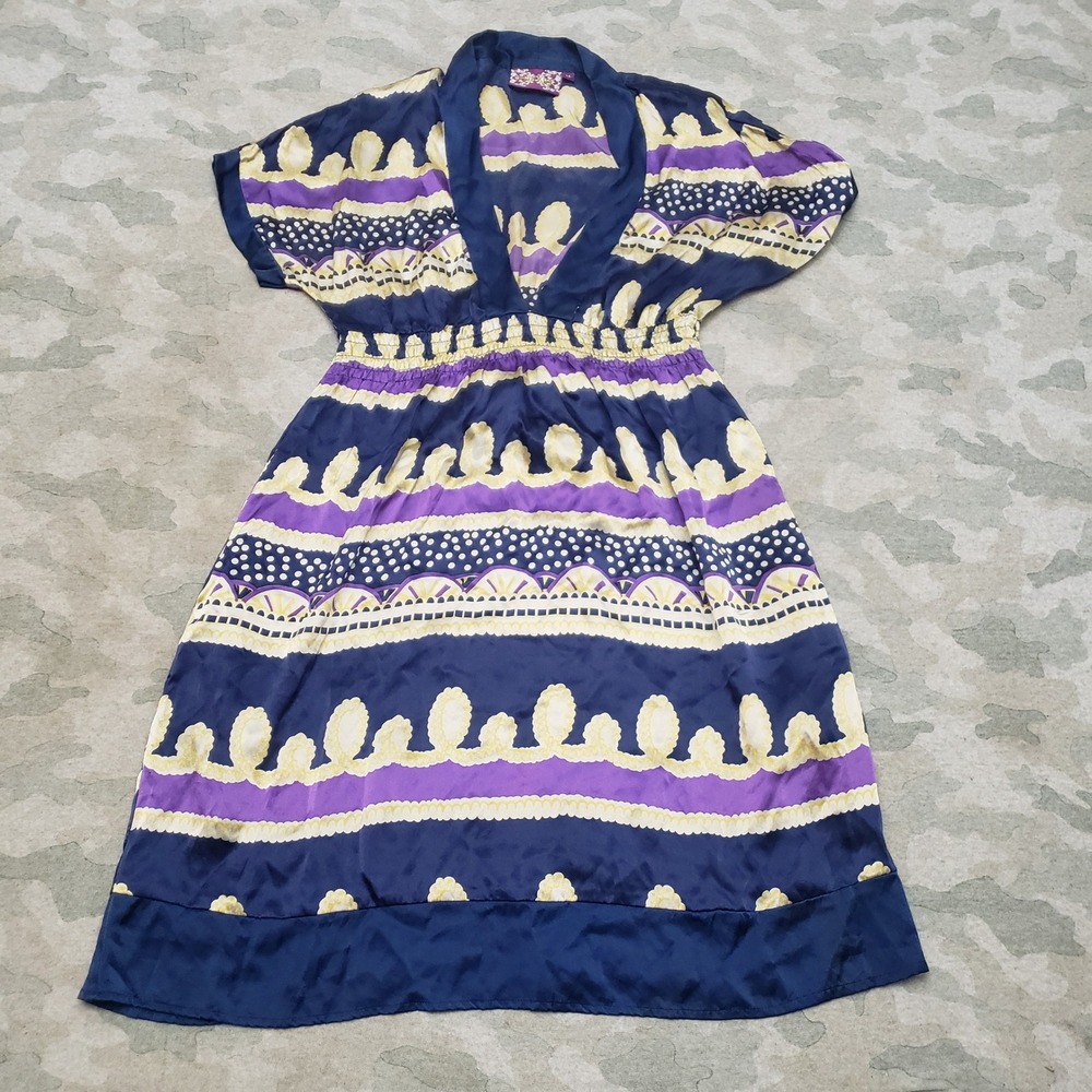 Yumi Kim Silk Dress Womens Medium Blue Patterned V-Neck Short Sleeve